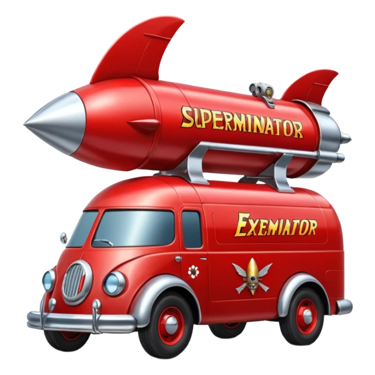 Heroic SuperBug hot rod Ron’s exterminator superminator antique rocket-powered tall robot delivery van (motto: bug out rocket Bombing creepy bugs is fun) sticker