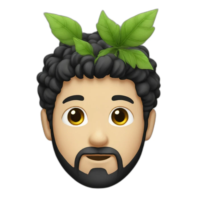 white boy with black hair and a beard, and a plant sticker