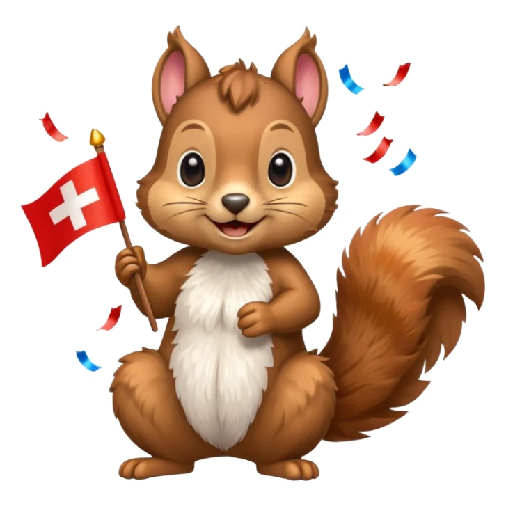 happy squirrel with a Swiss flag and colorful confetti, emoji style sticker