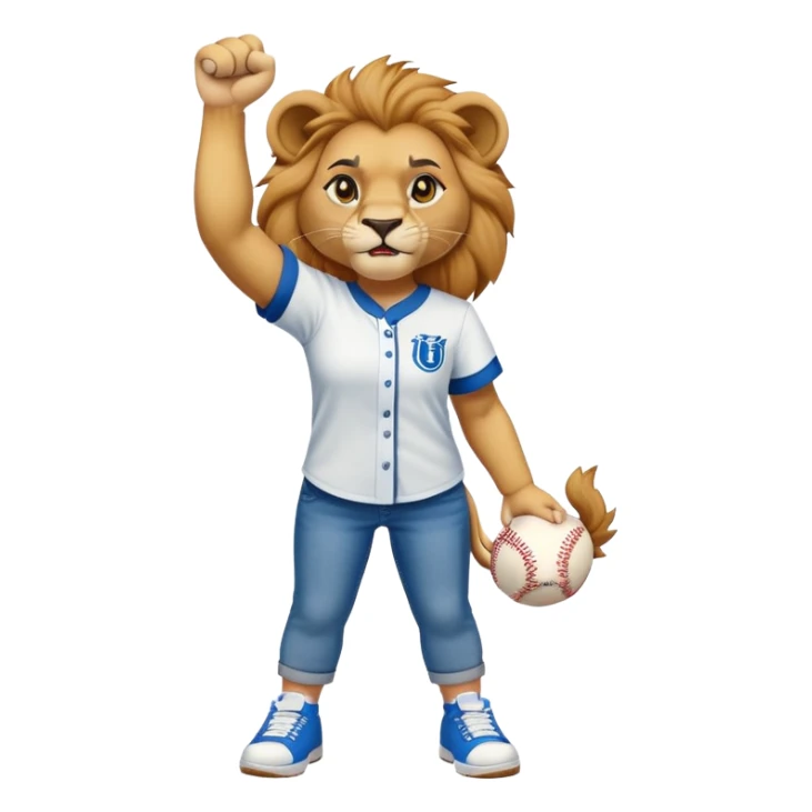 confident anthropomorphised female lion wearing baseball shirt, jeans, trainers, raising a fist in the air, angry expression, no sunglasses sticker