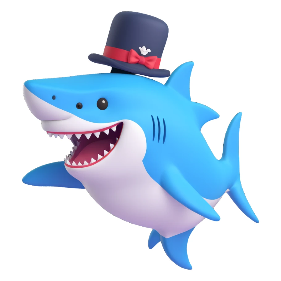 playful and charming shark wearing a top hat sticker