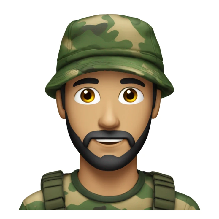 an attractive young white man with eyes wearing a camo hat and a nicely trimmed 
black beard sticker