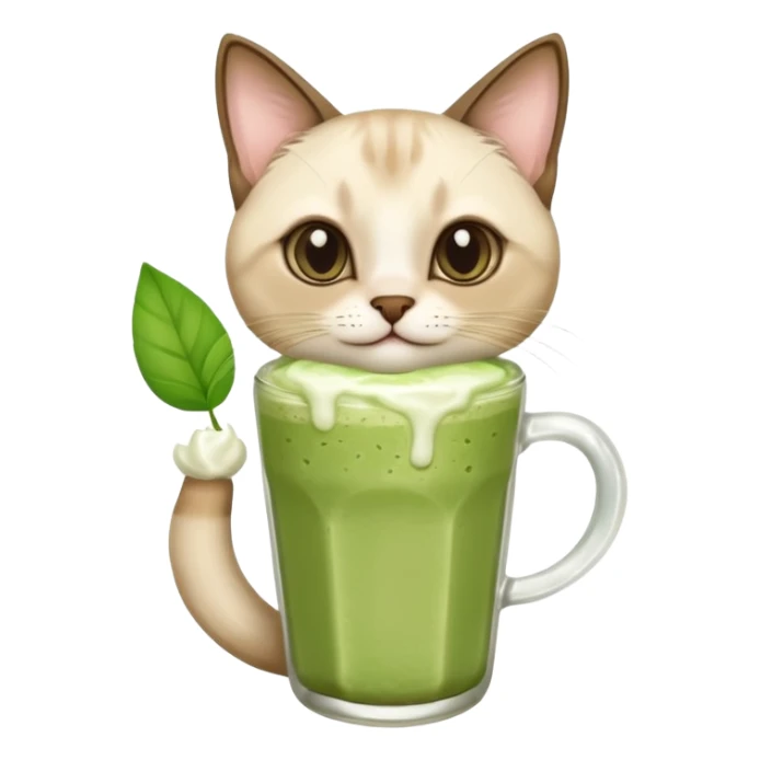 Happy Siamese Cat holding in its paws an iced matcha latte sticker
