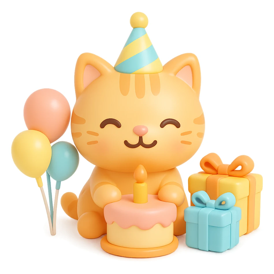 ginger tabby kitten celebrating birthday, wearing a birthday hat, with birthday cake, balloons, happy expression, and gifts sticker
