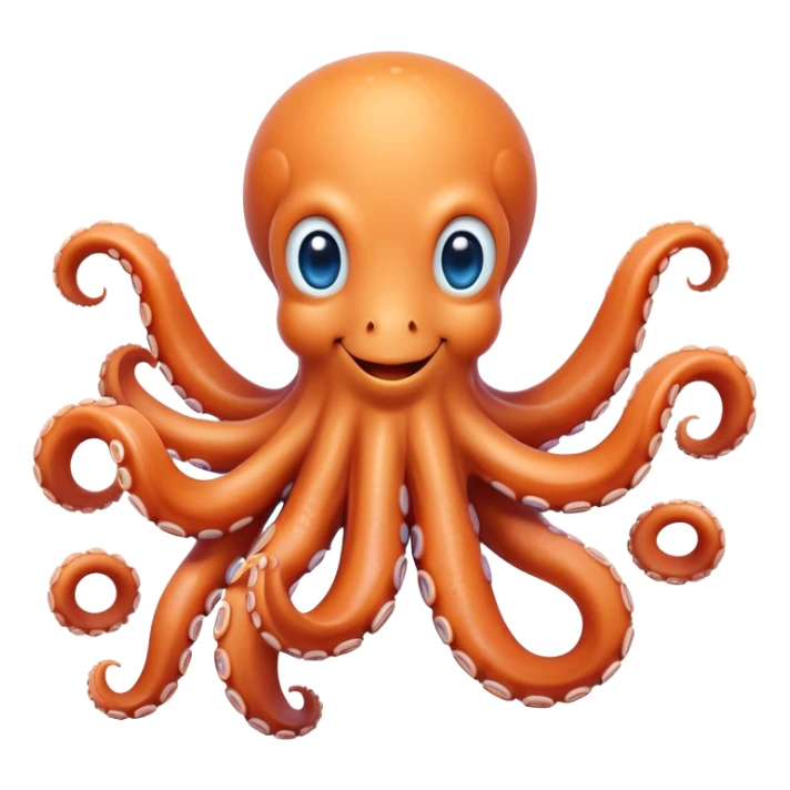 Cinematic Cute smiling Octopus Portrait Emoji, Head tilted playfully and inquisitively, featuring a rounded, light orange body embellished with playful blue rings, eight adorably curling arms, and big, twinkling eyes full of wonder, Simplified yet irresistibly adorable features, highly detailed, glowing with a warm, inviting underwater glow, high shine, affectionate and lively, stylized with a touch of whimsical cartoon charm, soft glowing outline, capturing the essence of a mischievous yet loving octopus that seems as if it could bob out of the screen into your arms! sticker