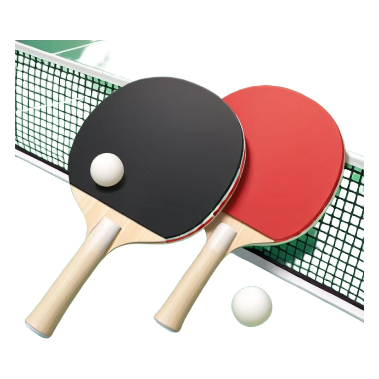 Two table tennis paddles and a ball placed on a ping pong table, with the net in the background. The scene conveys the simplicity and focus of the sport, with vibrant colors highlighting the rackets and ball on the smooth surface of the table. sticker