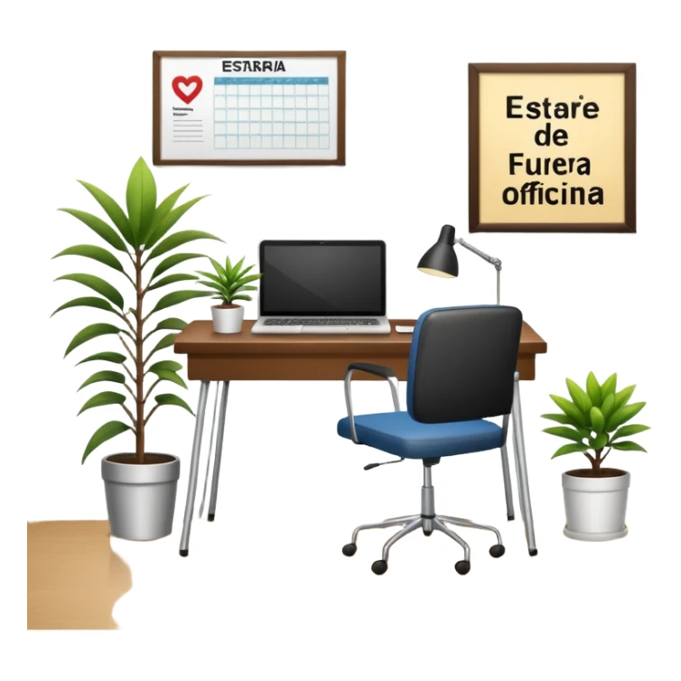 imagen de una oficina moderna con escritorio, silla, notebook, agenda y una planta con un cartel que diga en español ESTARÉ FUERA DE OFICINA sticker