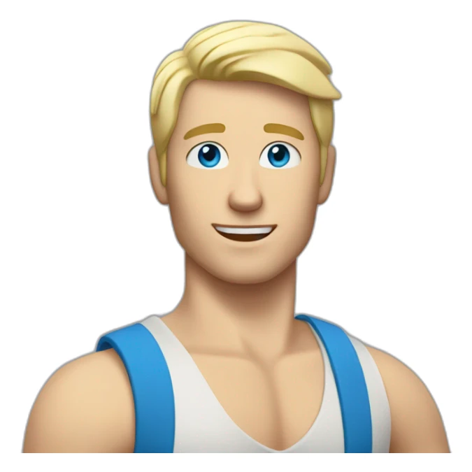 white blonde man with blue eyes and tanktop points his hand upwards sticker