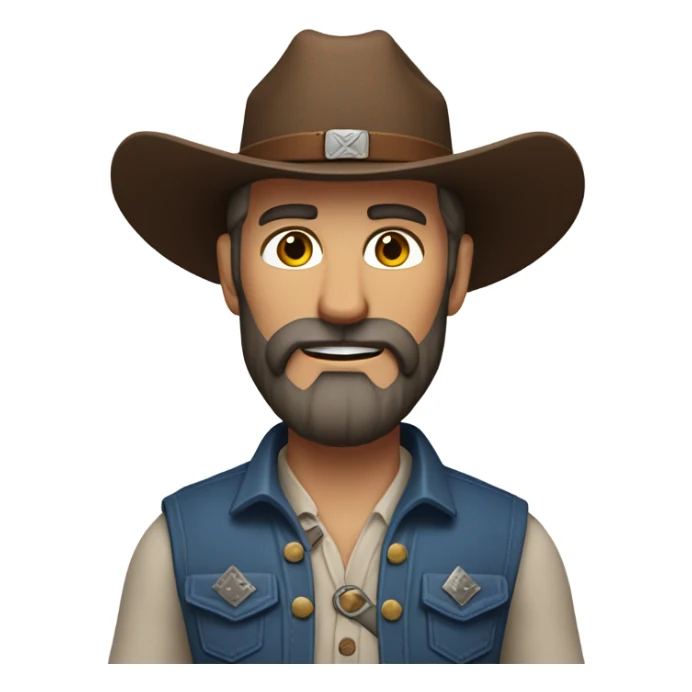 a rugged cowboy with a thick beard, wearing a blue vest over a classic western shirt and a brown belt with a silver buckle. He should have a confident stance, exuding a strong and adventurous frontier spirit. sticker