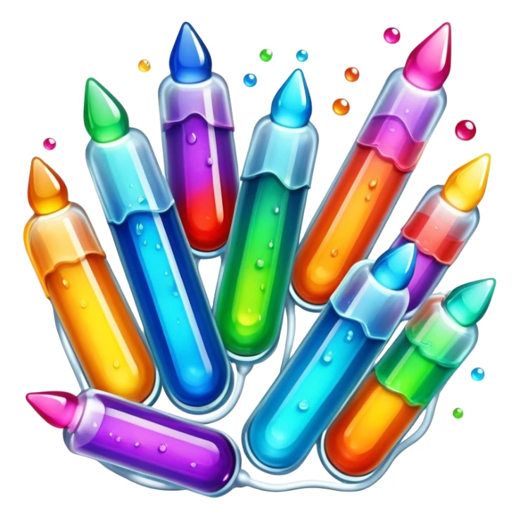 Create an icon that represents decorative arts using epoxy resin in tubes. The design should feature colorful tubes of resin, including fluorescent resin tubes, with visible drops or strokes of resin being applied to create intricate designs. Include examples of finished resin jewelry or decorative pieces, such as pendants, rings, or abstract art. The composition should feel vibrant and artistic, highlighting the creative and glowing nature of resin crafting. The background should be transparent. sticker