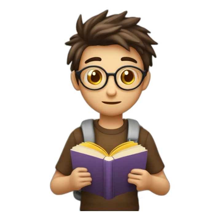 icono joven estudiante con  con un libro en sus manos y en su cabeza, junto a muchos libros y una lampara y un libro en su cabeza, con muchos y muchos  libros, de piel blanca sticker