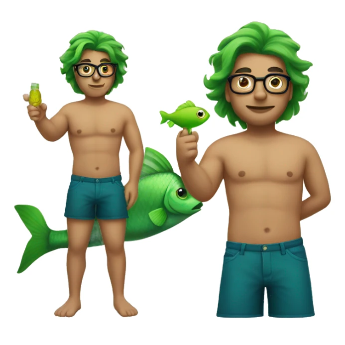 Shirtless man with bottom half of body a green fish tail. He is wearing glasses sticker