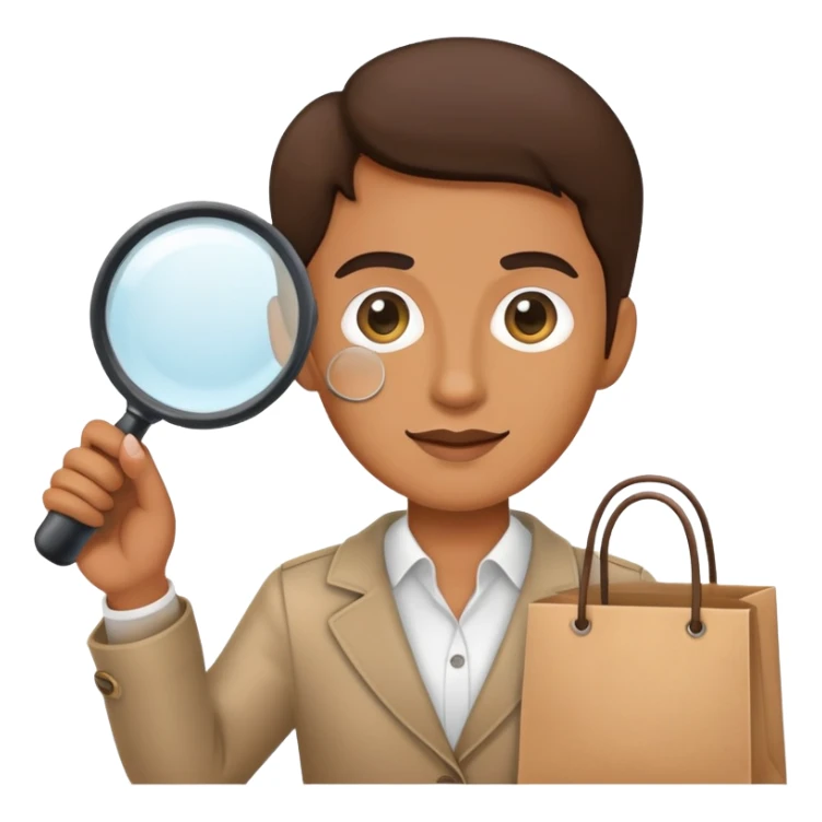 mystery shopper holding a magnifying glass and a shopping bag sticker