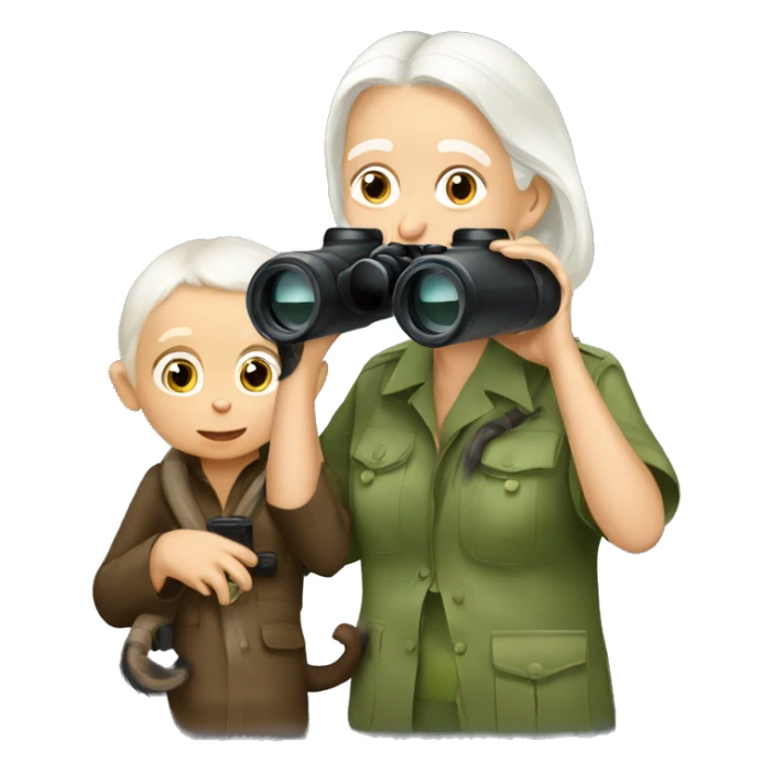 Jane Goodall with binoculars and a baby chimpanzee sticker