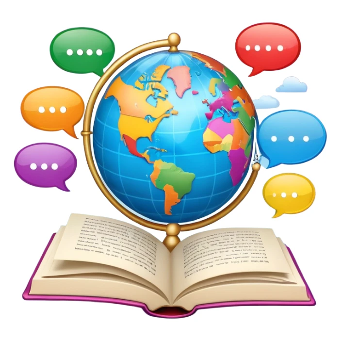 An icon showing a globe surrounded by speech bubbles with greetings in different languages, like 'Hello,' 'Hola,' and 'Bonjour.' The design includes an open book and a quill, symbolizing learning and communication. Transparent background emphasizes global connection through language. sticker