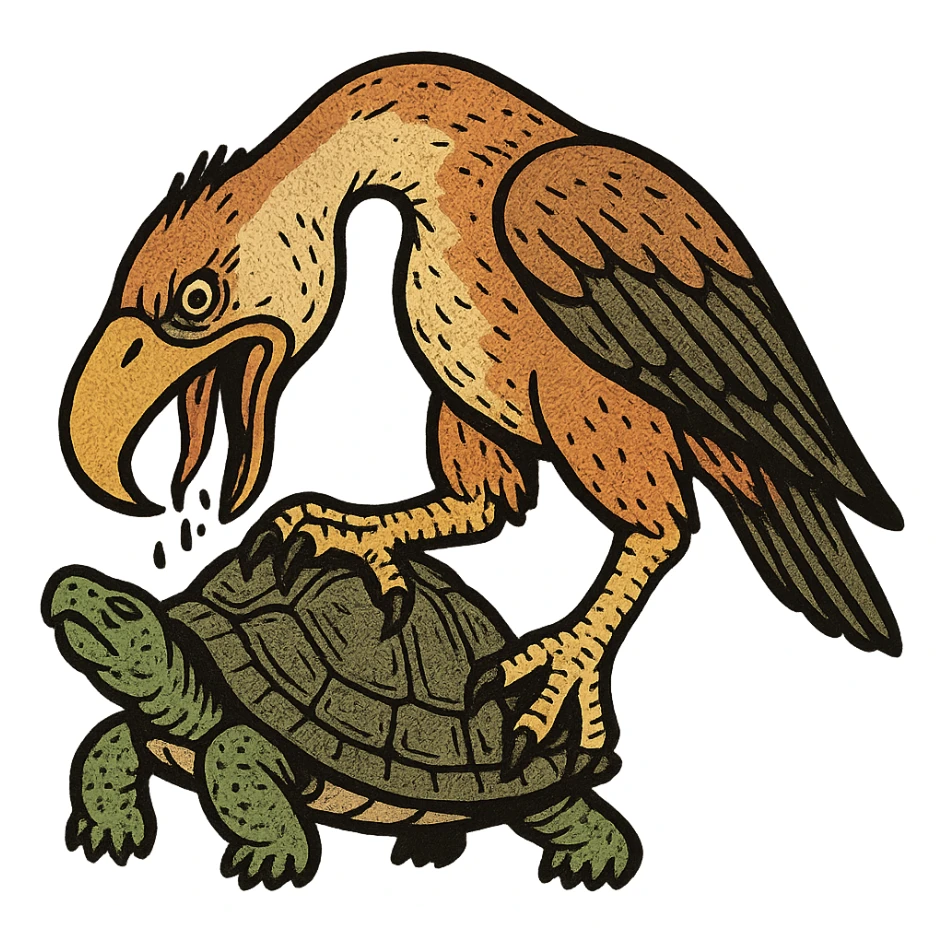 an insignia for a flag: a strange foreign alien bird creature, resembling a prehistoric phorusrhacos, gripping a upturned tortoise with a claw with its' beak tearing down into it
 sticker
