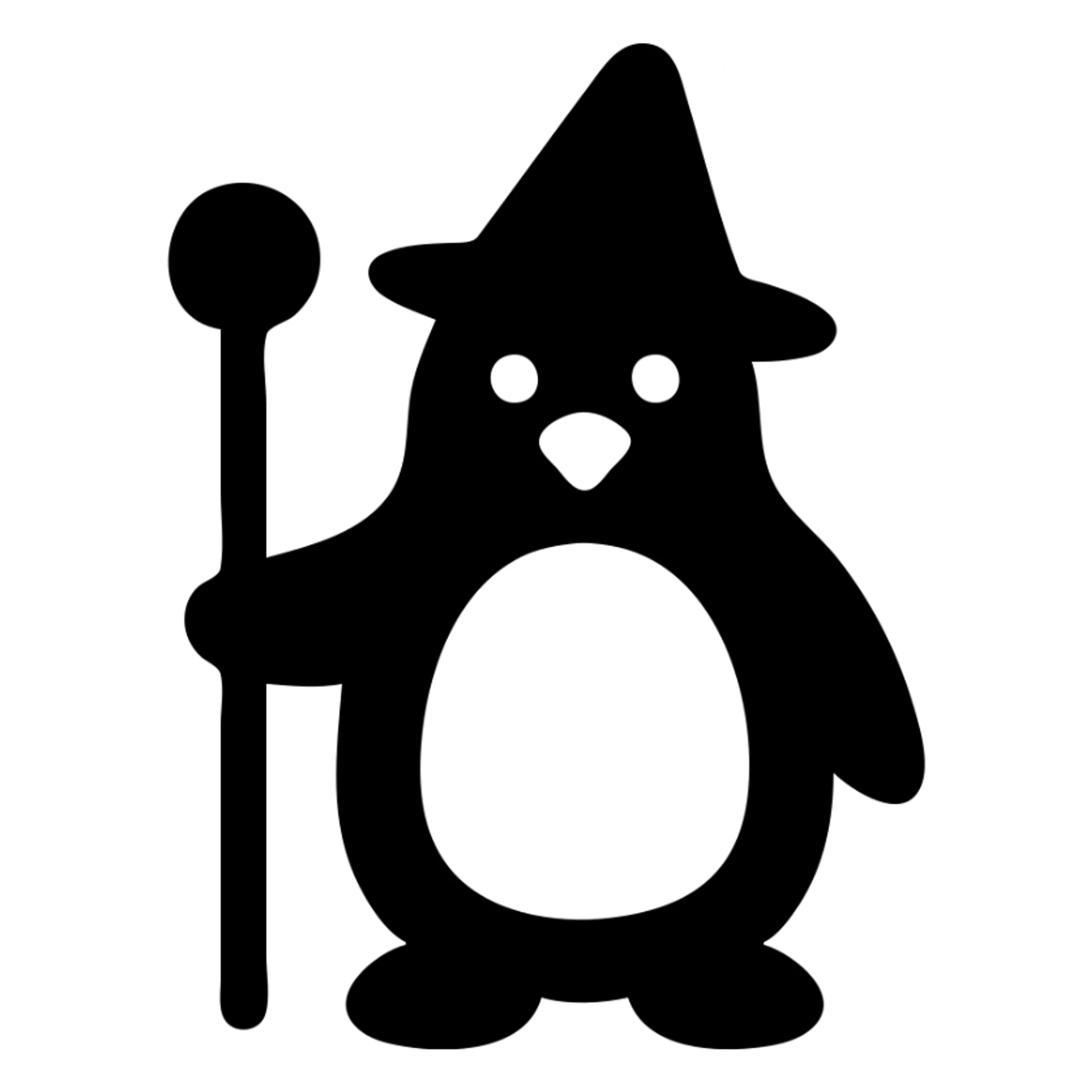 solid black icon of a penguin wizard with a pointy hat and staff sticker