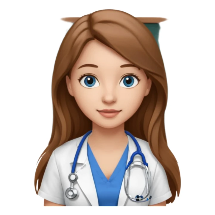 university classroom that says nursing school on the blackboard with a pretty female nursing student with long brown hair, blue eyes sticker