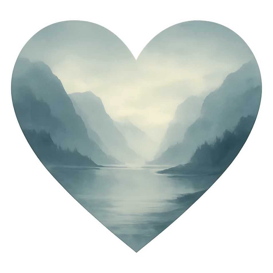 heart with a misty fjord landscape, clean digital illustration, no background sticker