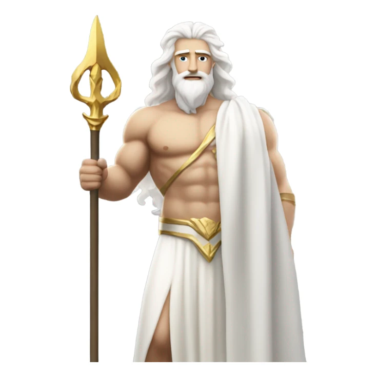 white Poseidon with gold Trident. confident face . long white hair white dress. show biceps muscle sticker