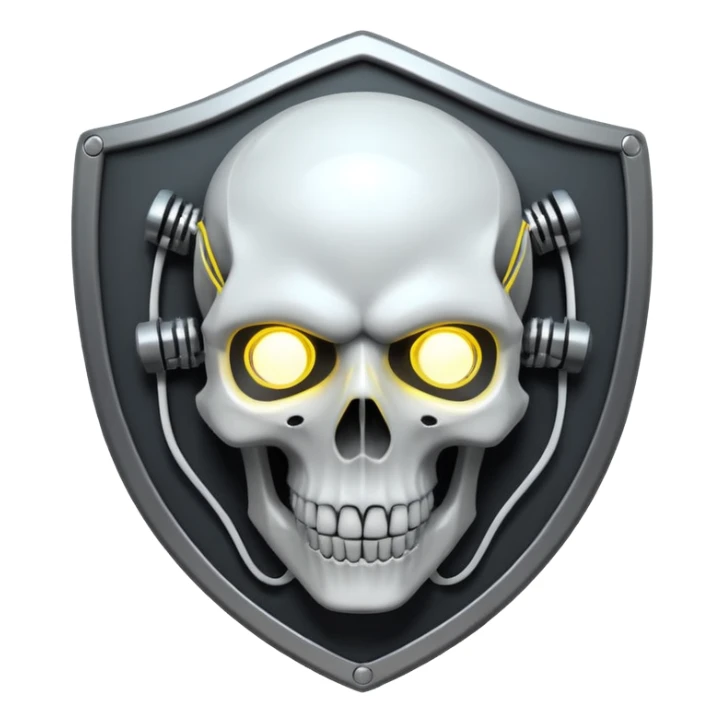 Cyberpunk shield, skull with cybernetic implants, glowing wires, dark white and white tones, no background sticker