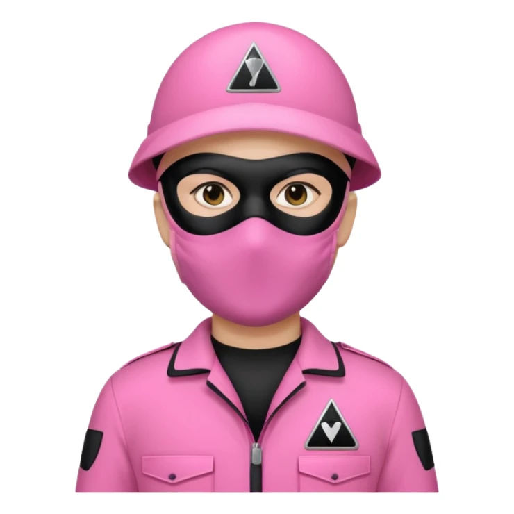 guard from Squid Game Round 6 wearing pink jumpsuit and black mask with white triangle, apple emoji style sticker