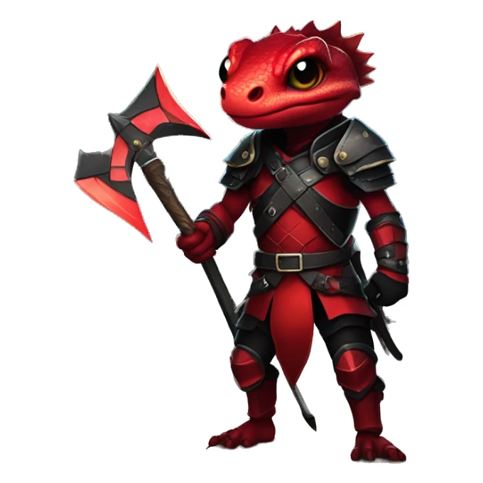A cute anime styled lizard warrior in red and black armor, holding a battleaxe, in a night time forest path with fireflies sticker