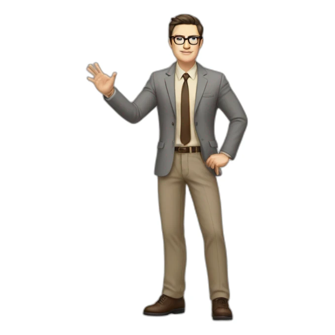 Full height Actively gesturing with hands Pale skinned fit man with dark brown hair in gray jacket, beige office shirt, brown tie, brown pants and vintage glasses. sticker