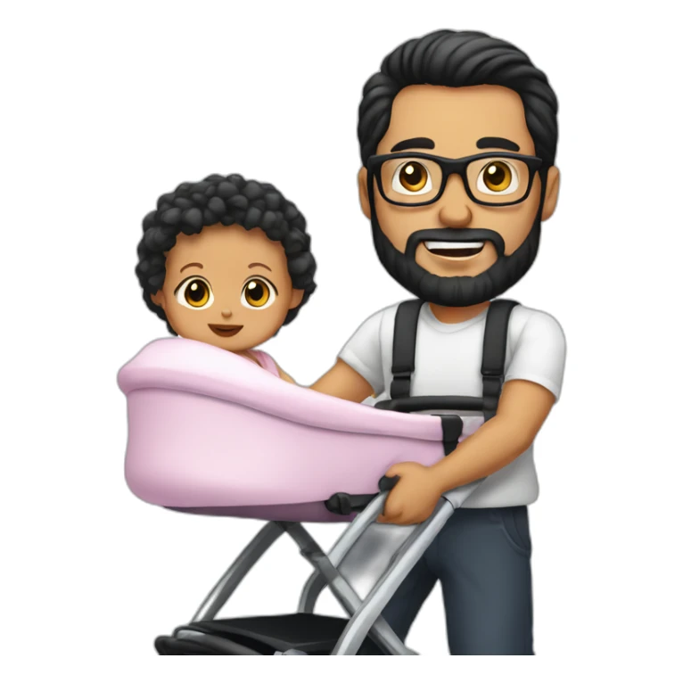 White man with Black hair,  beard and glasses pushing buggy with blonde baby sticker