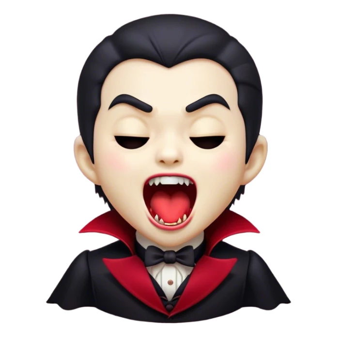 Cinematic Cute Yawning Vampire Portrait Emoji, with a small, rounded, charming pale face accented with tiny playful fangs and droopy, half-closed eyes, head tilted in an adorable wide yawn, dressed in miniature elegant dark attire with a hint of crimson, simplified yet irresistibly endearing, highly detailed with a soft, mysterious glow and gentle outline that captures the cute, drowsy side of an immortal! sticker