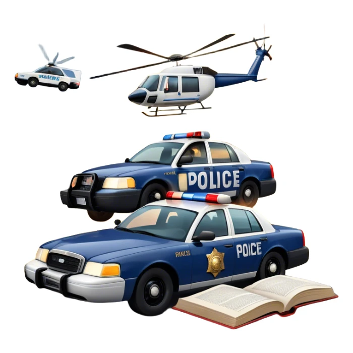 Icon for Action & Crime Reading: an open book with text on the pages, from which a police car is driving out, with explosions behind, a helicopter flying above, and a pistol with bullets in the front. The icon should capture the thrilling action and suspense of crime stories. Transparent background. sticker