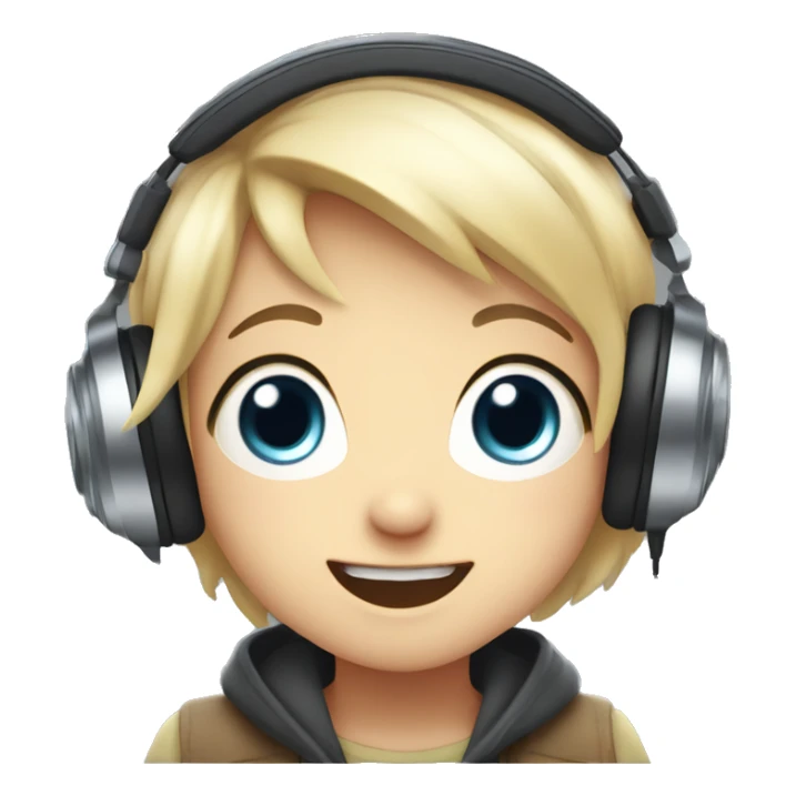 A cute anime-style character with large sparkling eyes, wearing headphones. The character has a wide, open-mouth grin, showing intense excitement as they listen to an audiobook. sticker