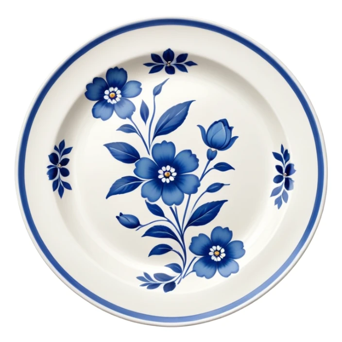 white vintage porcelain plate with blue floral decor sticker