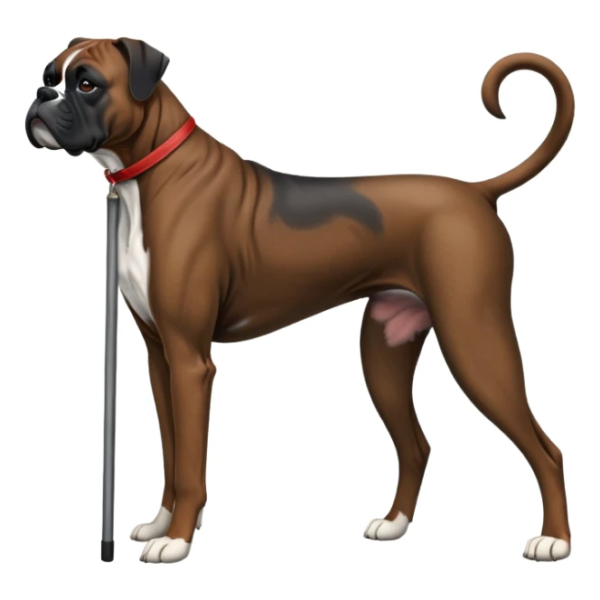 Elderly adult dark black boxer dog standing on hind 2 legs hunched over using one cane sticker