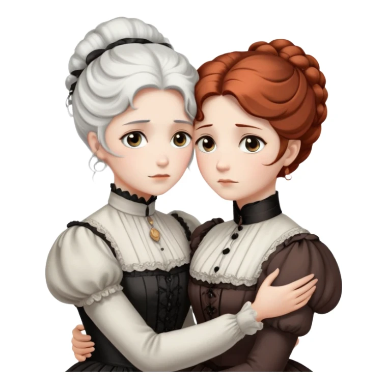 Two Victorian women with grey eyes in a sad, intimate hug. One has bright white coiffed hair, the other has dark copper coiffed hair. Both wearing Victorian high-neck dresses and embracing tightly. sticker