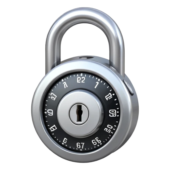 Shiny round metallic combination lock with rotating numbered dial at the center and a curved heavy shackle on top – symbol of security, access control, and protection sticker