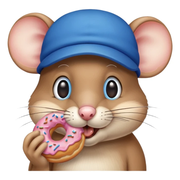 A mouse eating a donut with a blue hat and a human nose  sticker