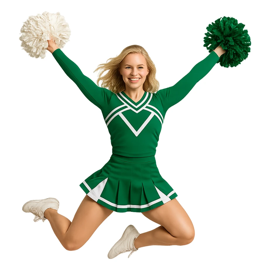 competitive cheerleader, blonde hair, Kelly green and white uniform, jumping with pom-poms, confident and athletic sticker