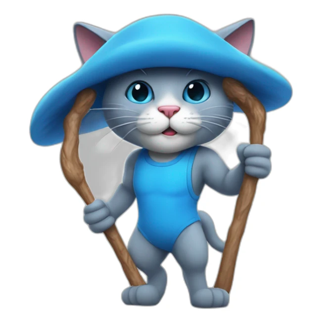 Strong muscles Blue cat NO ears  wearing a mushroom cap carrying a stick in one arm standing on two legs with pants sticker