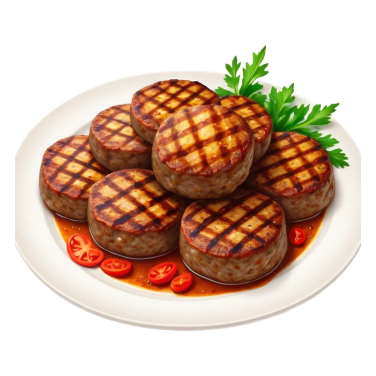 Cinematic Realistic image of Turkish Köfte, presented as perfectly formed, spiced meat patties with detailed textures and subtle grill marks, arranged artfully on a simple plate and illuminated by warm, appetizing lighting that accentuates their savory appeal. sticker