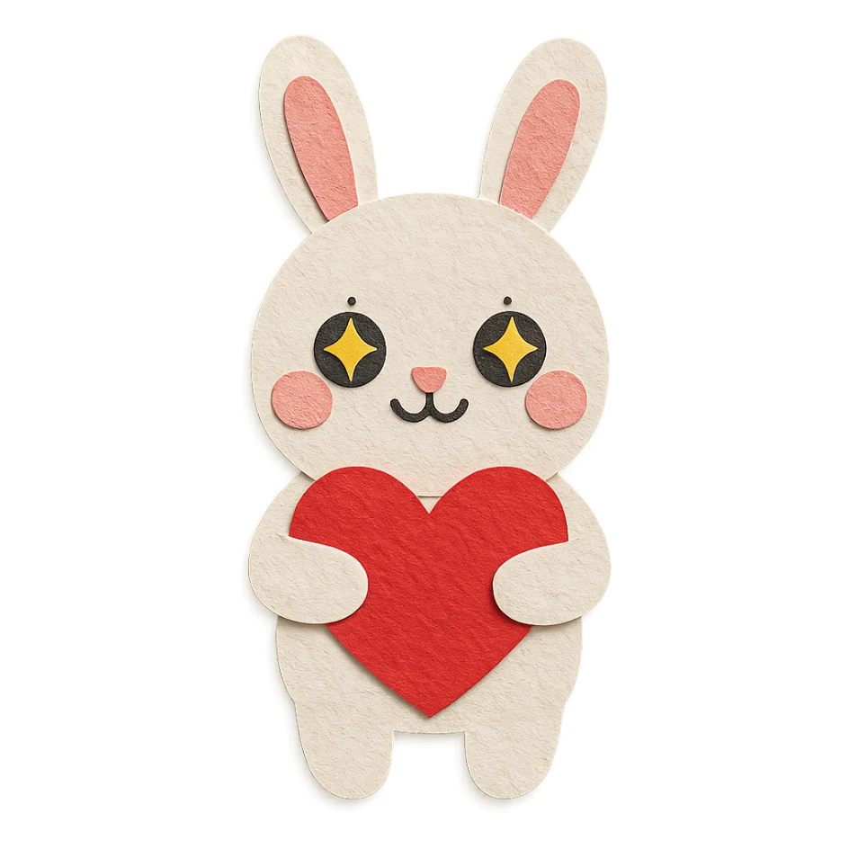 white bunny holding a big heart with sparkling eyes, paper-craft style sticker