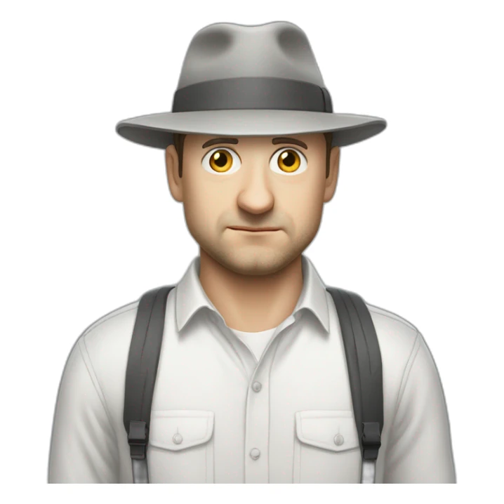 tim robinson wearing a grey fedora white shirt only looking scared and sad facing left - fabric attached to back of hat covering neck sticker