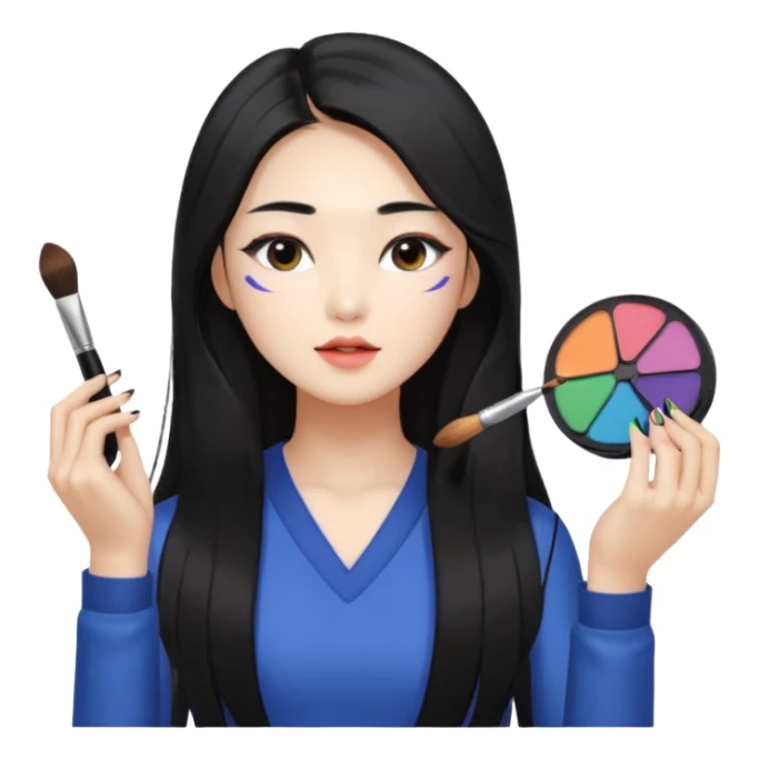 Korean woman with long hair applying makeup to upper body, using various makeup tools, natural expression, bright lighting sticker