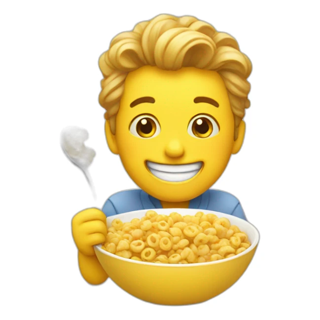 Silly yellow emoji happily eating cereal sticker