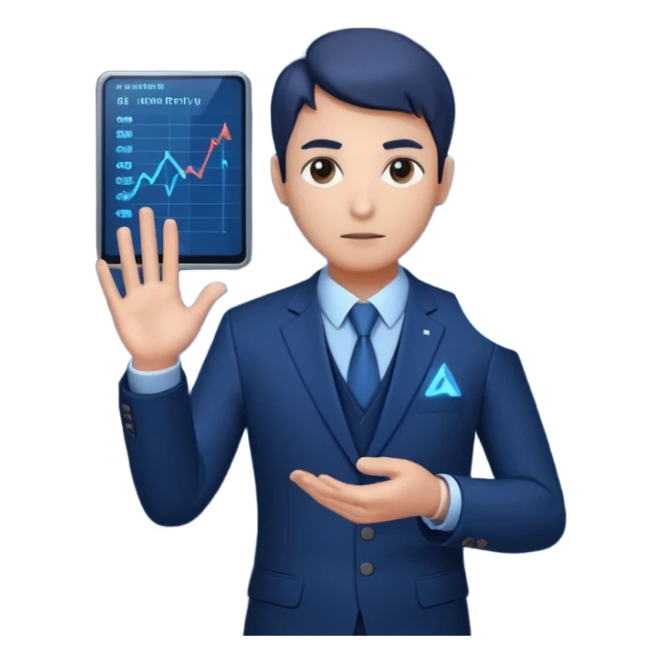 Professional AI auditor avatar, serious expression, dark blue suit with subtle tech details. Holding a holographic binary decision graph (0 vs 1) with a glowing threshold line. Clean vector style, corporate and analytical vibe. sticker