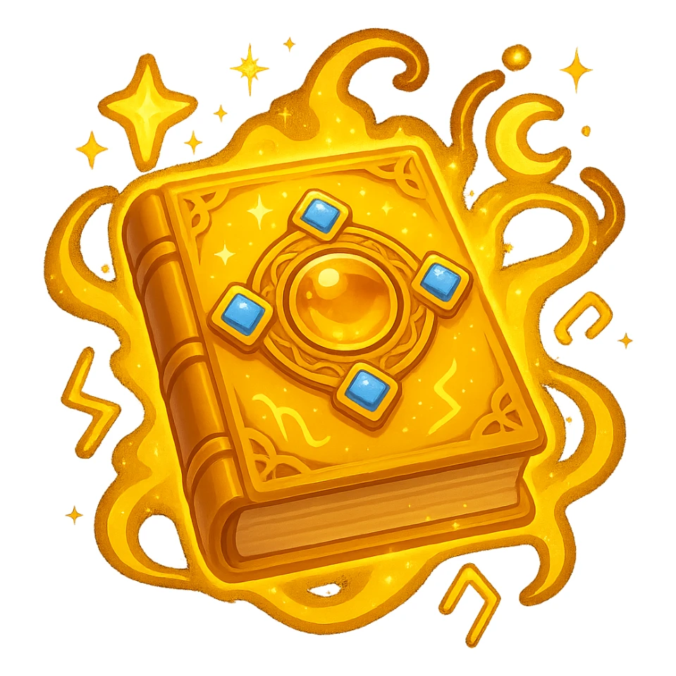 Make the mystic yellow book even more magical with sparkling magical energy, enchanted symbols, glowing effects, and a whimsical magical aura. Style it to resemble an apple emoji style. Keep no background. sticker