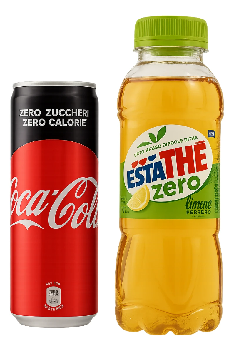 lattina di coca cola zero fluttua accanto a bottiglia di esta-thè zero, iperrealistiche 4k sticker