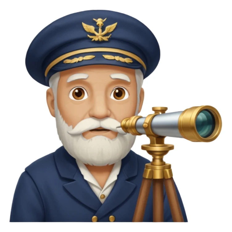 old sailor looking through a telescope, white beard, no text sticker