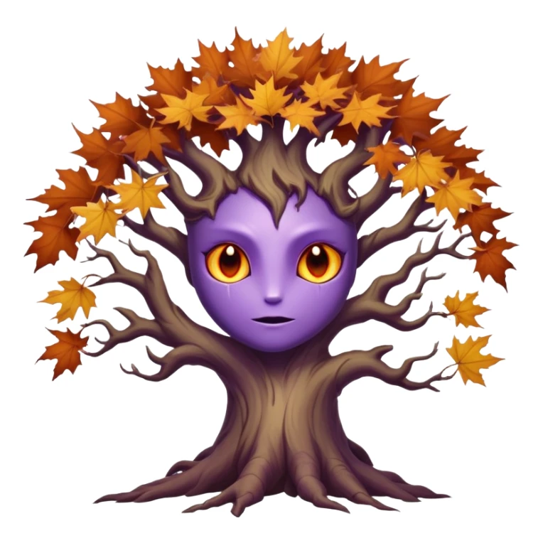 An ancient, psychic tree evolves by absorbing the essence of fallen autumn spirits, sprouting a radiant, maple-crowned face that channels both forest wisdom and fiery seasonal magic through its gnarled. Purple eyes, sharp teeth sticker