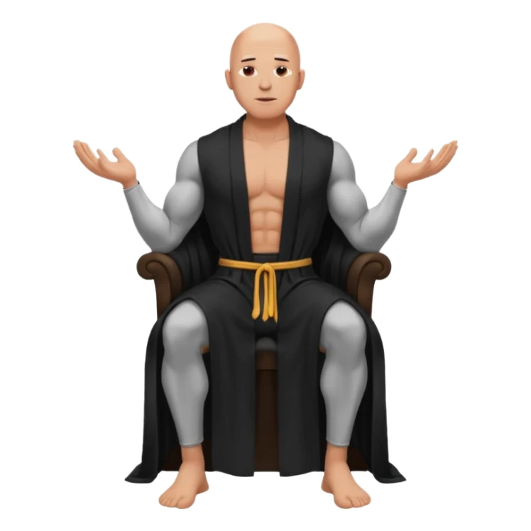 fullbody jacked bald guy, sleeveless and unbuttoned in full black robe sitting sticker